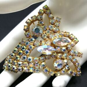 Vintage Large Aurora Borealis Clear Rhinestone Leaves Brooch, Gold Plated, 1960s